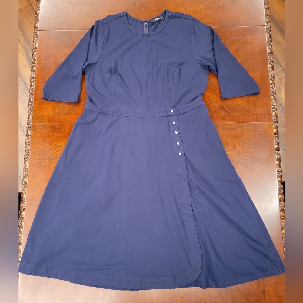 24W/3X eshakti Navy Blue Pearl detail, 3/4 length sleeve, round neck, midi dress